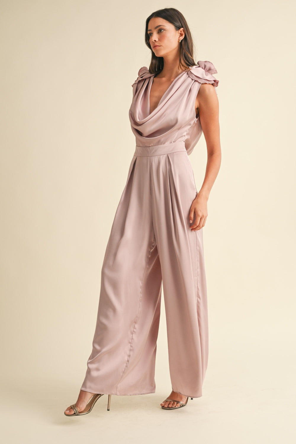 we79 3D Floral Cowl Neck Jumpsuit Mauve