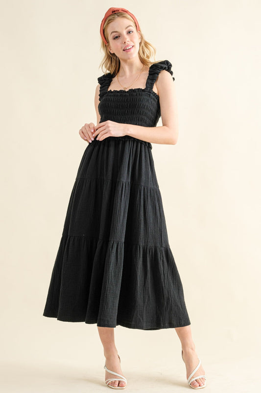 we76 Black Smocked Ruffled Tiered Dress