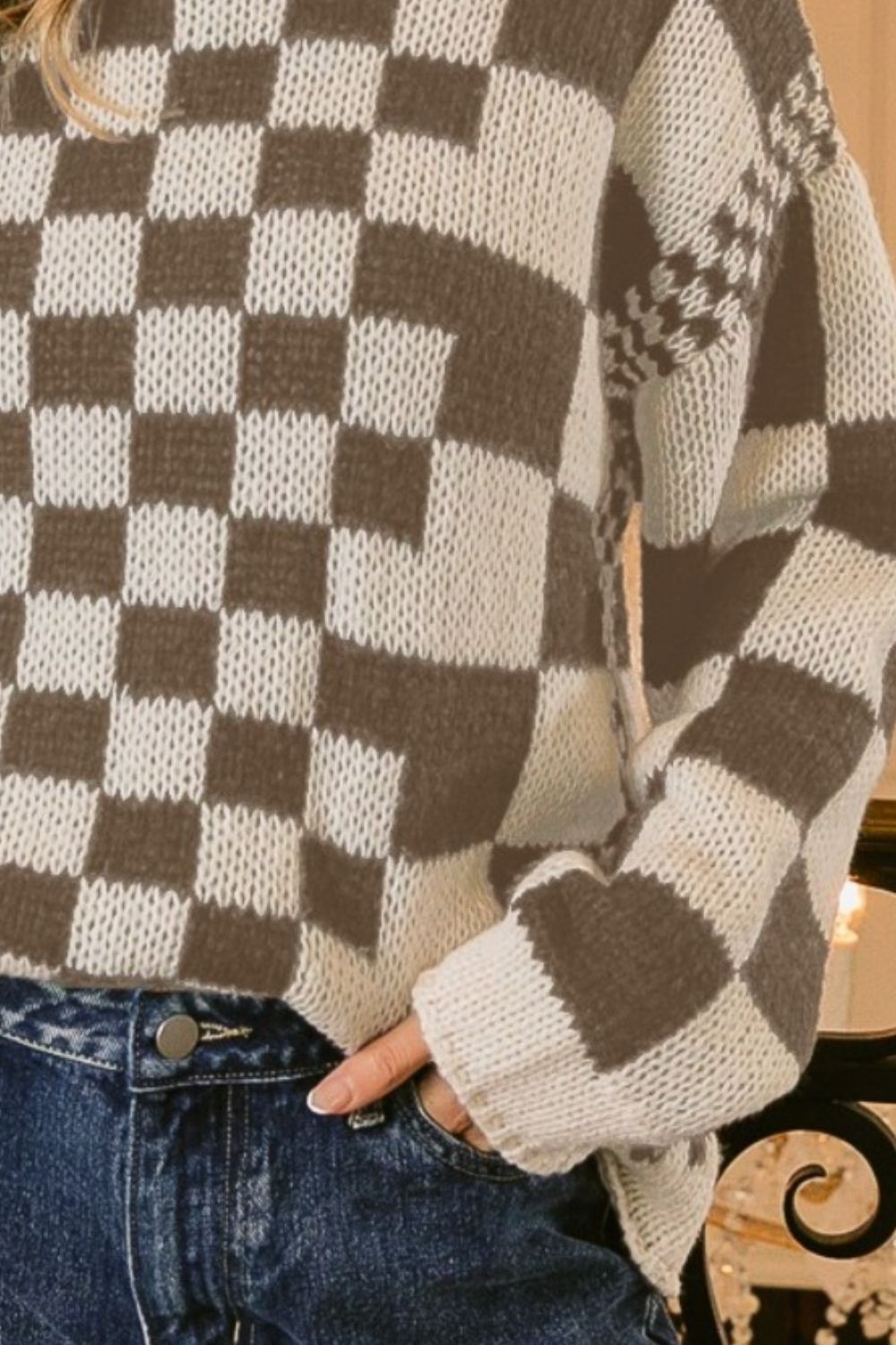 we69 Checkered Contrast Chunky Sweater