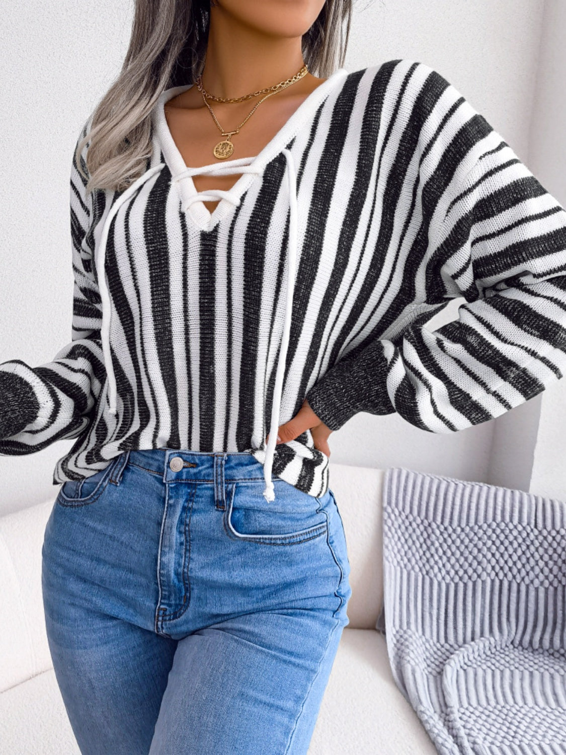 we51 Striped Lace-Up Long Sleeve Sweater