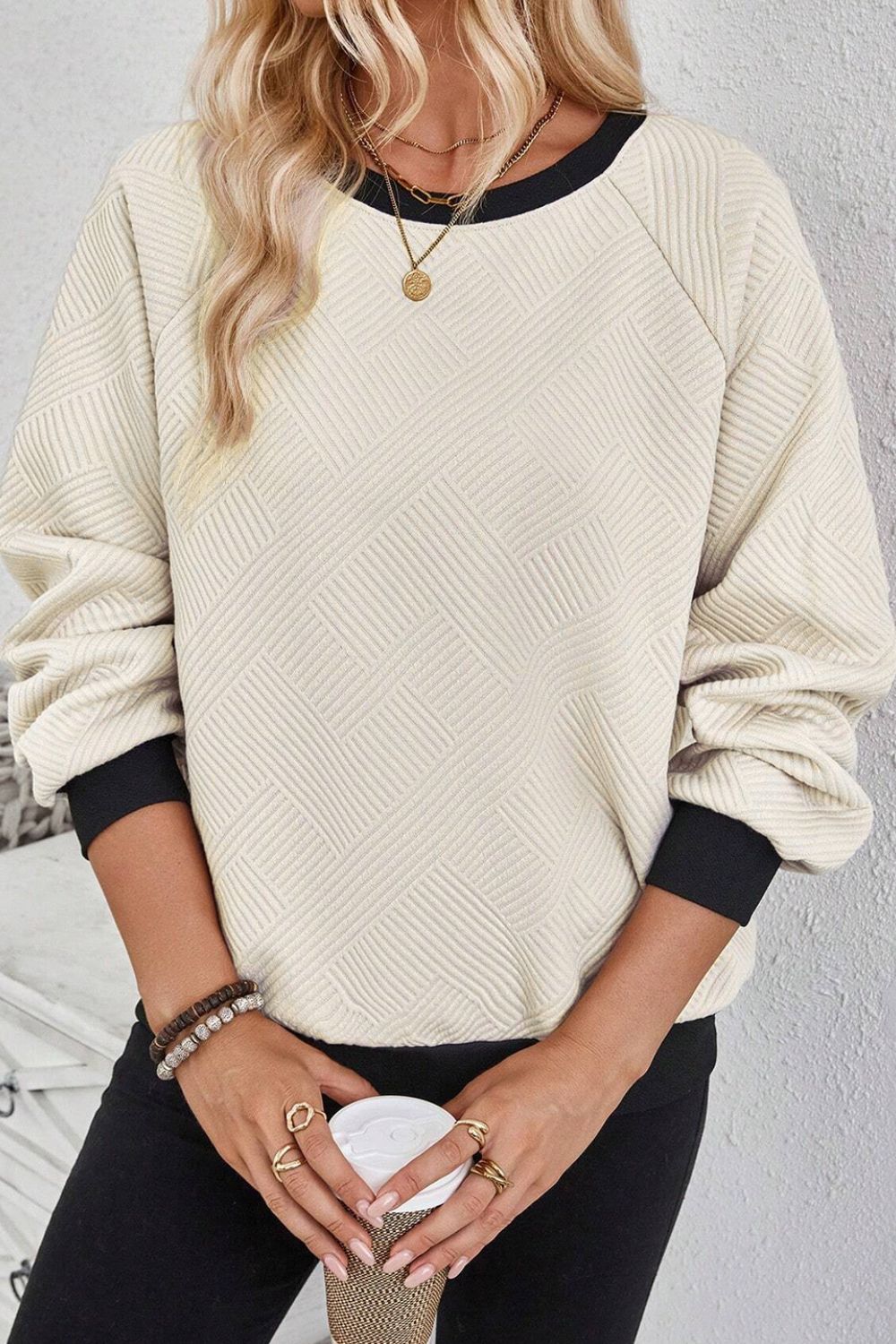 Texture Contrast Long Sleeve Top