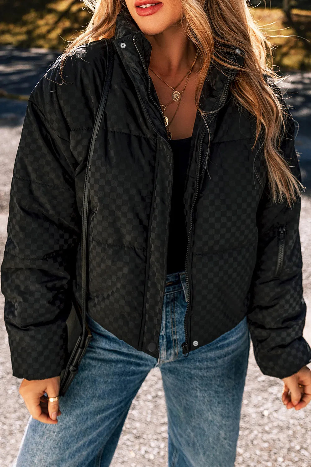 we207 Black Checkered Puffer Coat