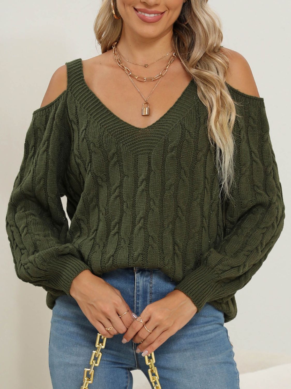 we63 Knit V-Neck Cutout Long Sleeve Sweater