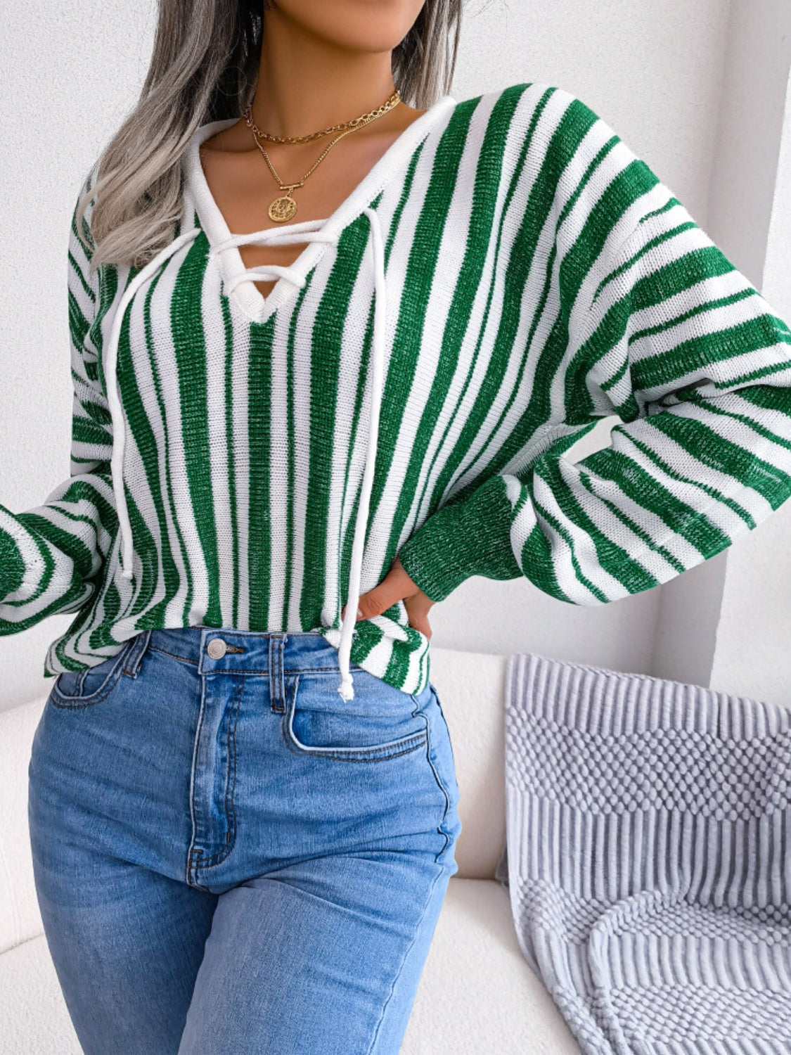 we51 Striped Lace-Up Long Sleeve Sweater