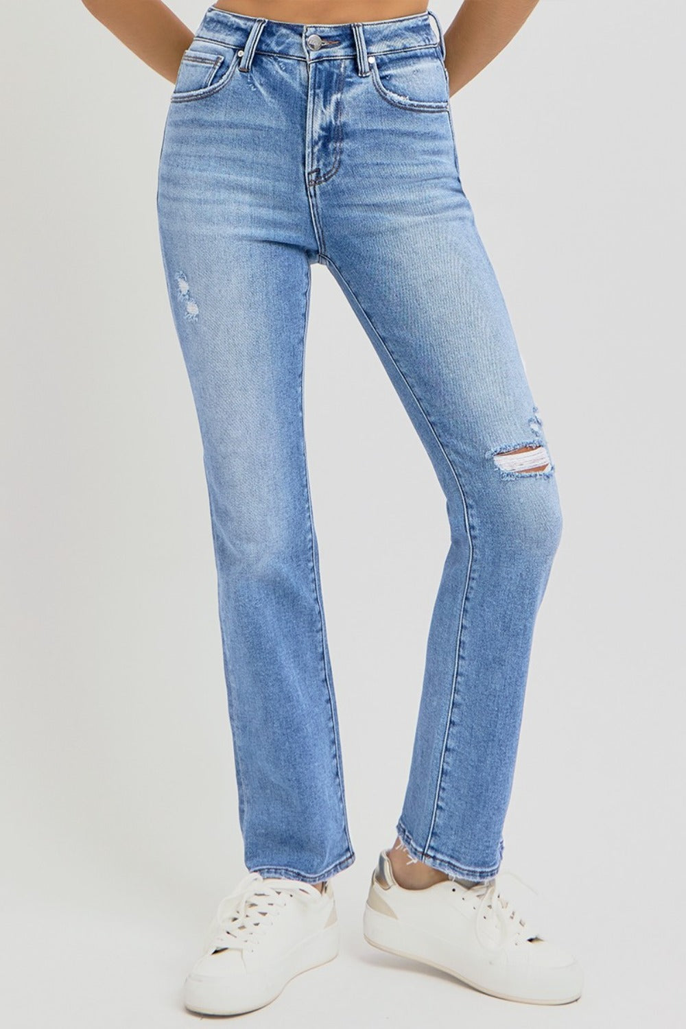 Distressed High-Rise Ankle Straight Jeans