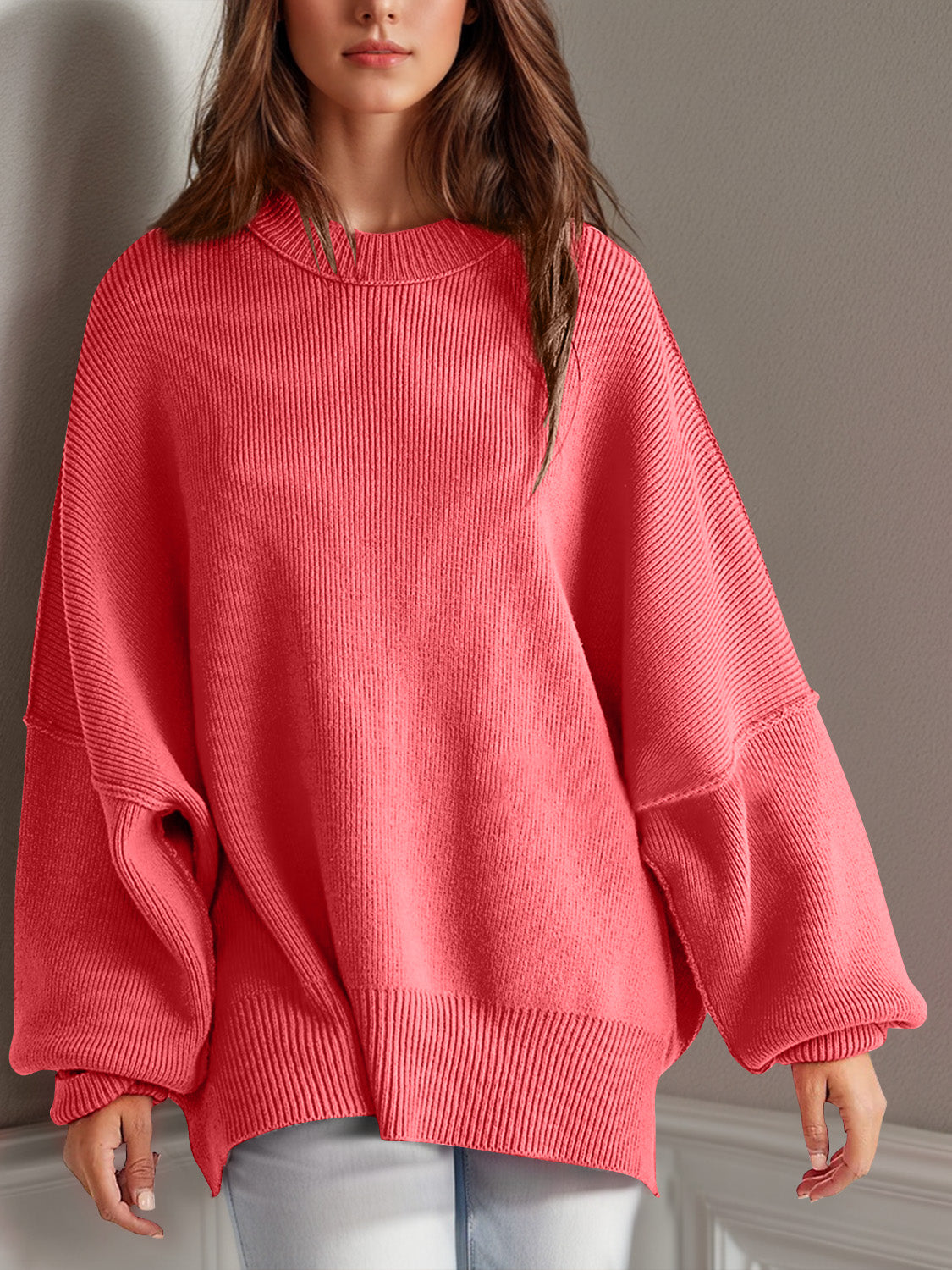 we81 Side Slit Round Neck Long Sleeve Sweater