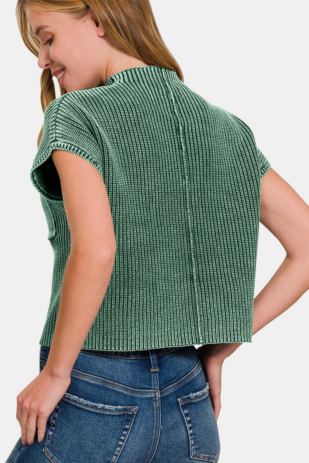 we102 Dark Green Mock Neck Short Sleeve  Sweater