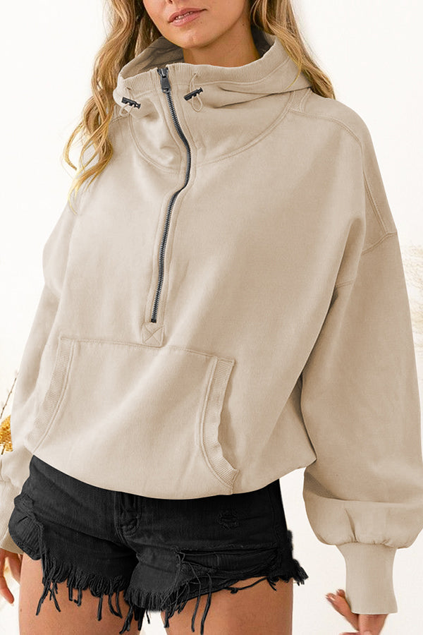 Front Pocket Zip Drawstring Long Sleeve Hoodie