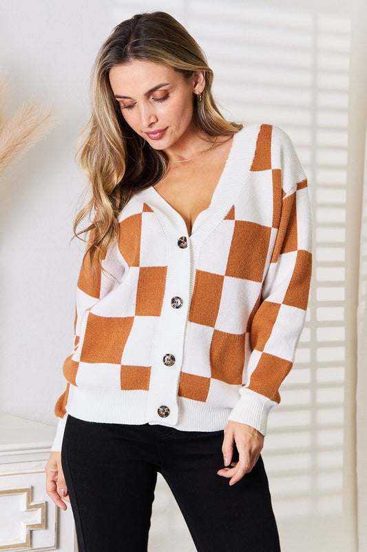 we68 Checkered V-Neck Dropped Shoulder Cardigan