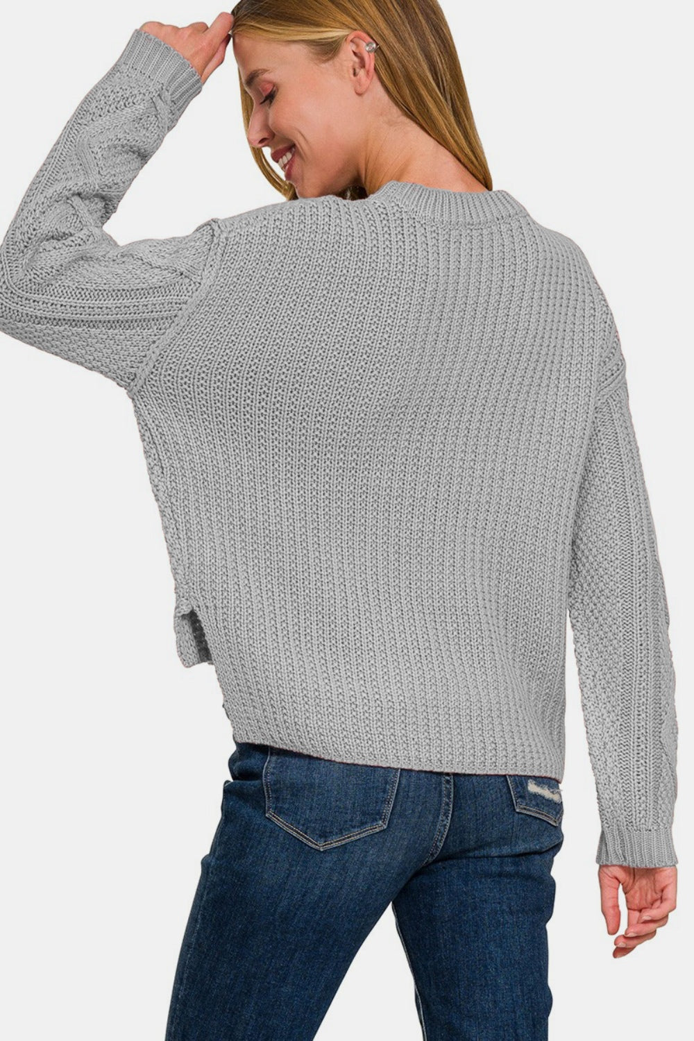 Grey Cable Sweater with Side Slits