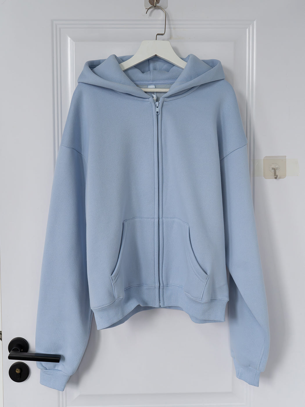 We190 Blue Style Solid Color Sweatshirt Casual Loose Hoodie Top Cotton Blend