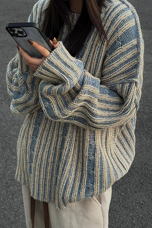 Retro Contrast Striped Knitted Loose Sweater