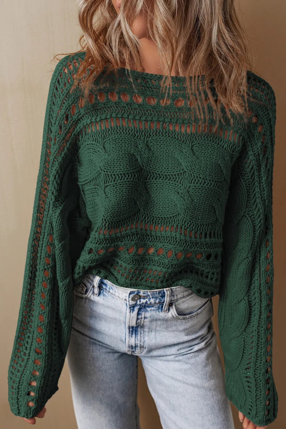 we200 Cable-Knit Openwork Long Sleeve Sweater