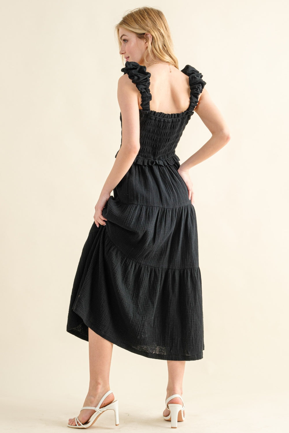 we76 Black Smocked Ruffled Tiered Dress