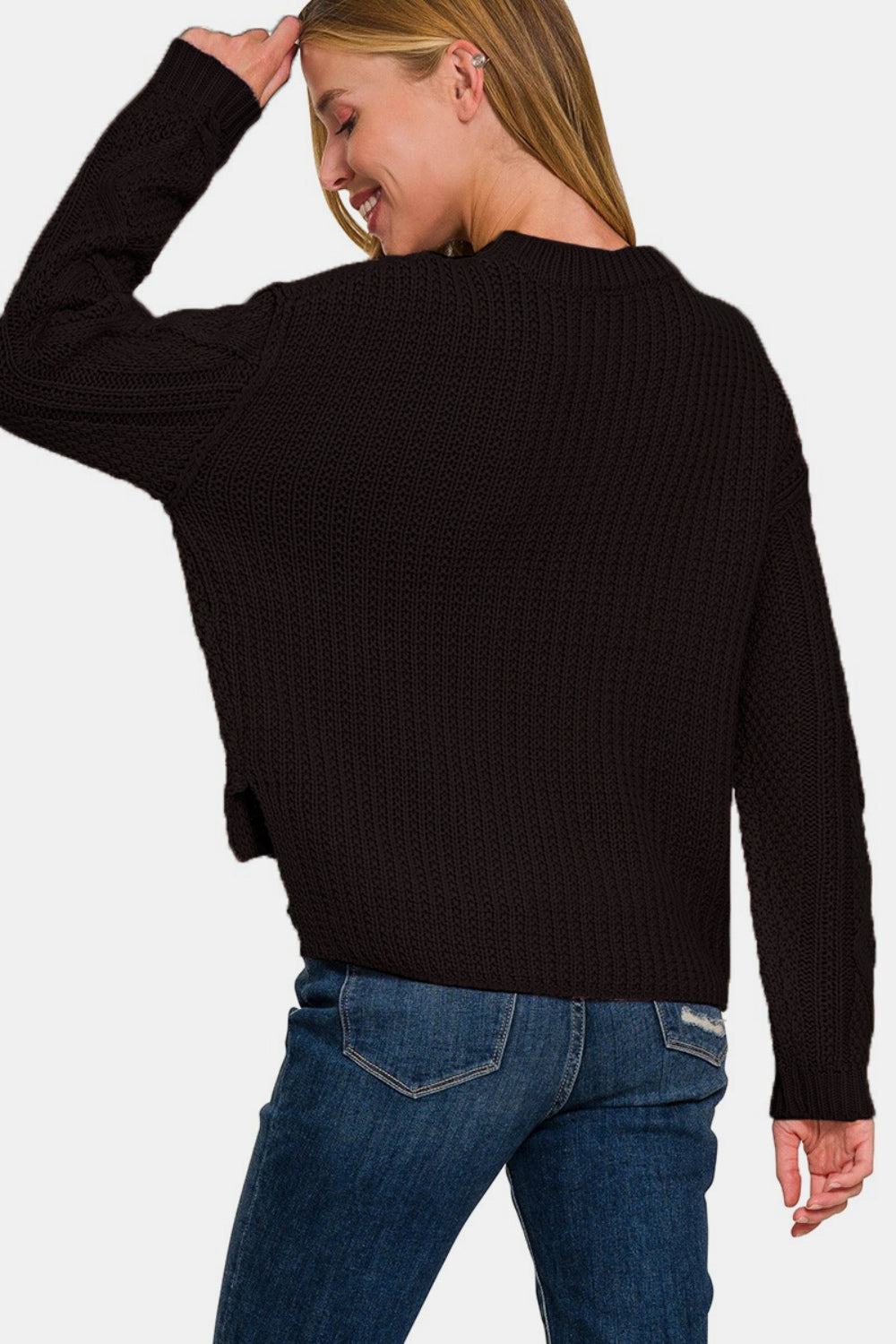 we208 Black Cable Sweater with Side Slits