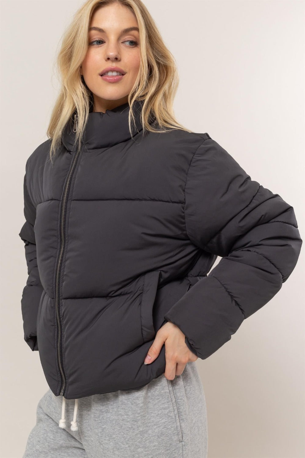 Black Quilted Back Drawstring Puffer Jacket