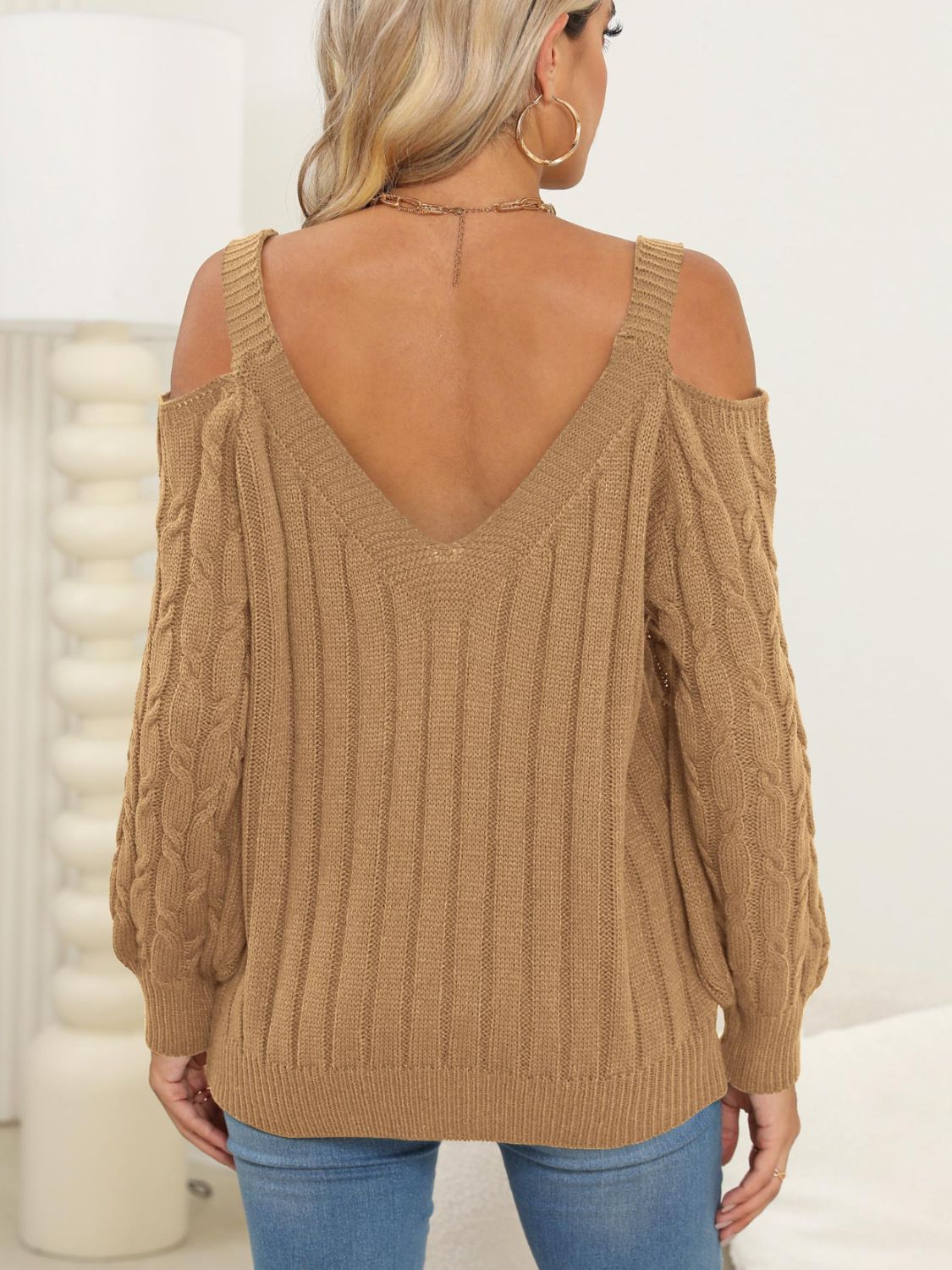 we63 Knit V-Neck Cutout Long Sleeve Sweater