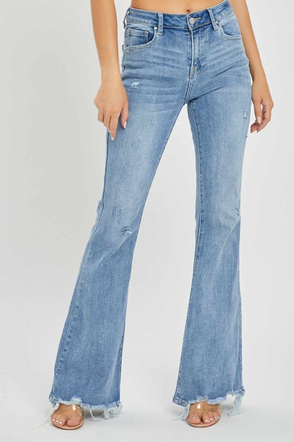 we92 High Rise Frayed Hem Flare Jeans