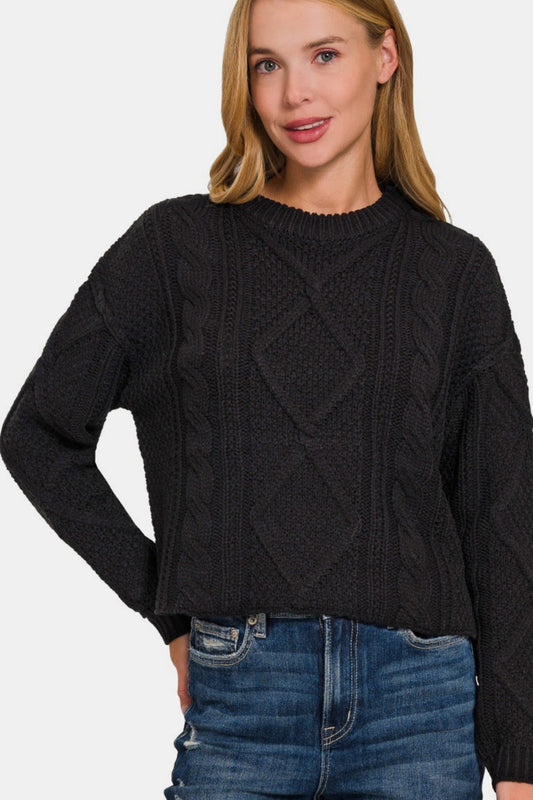 we208 Black Cable Sweater with Side Slits